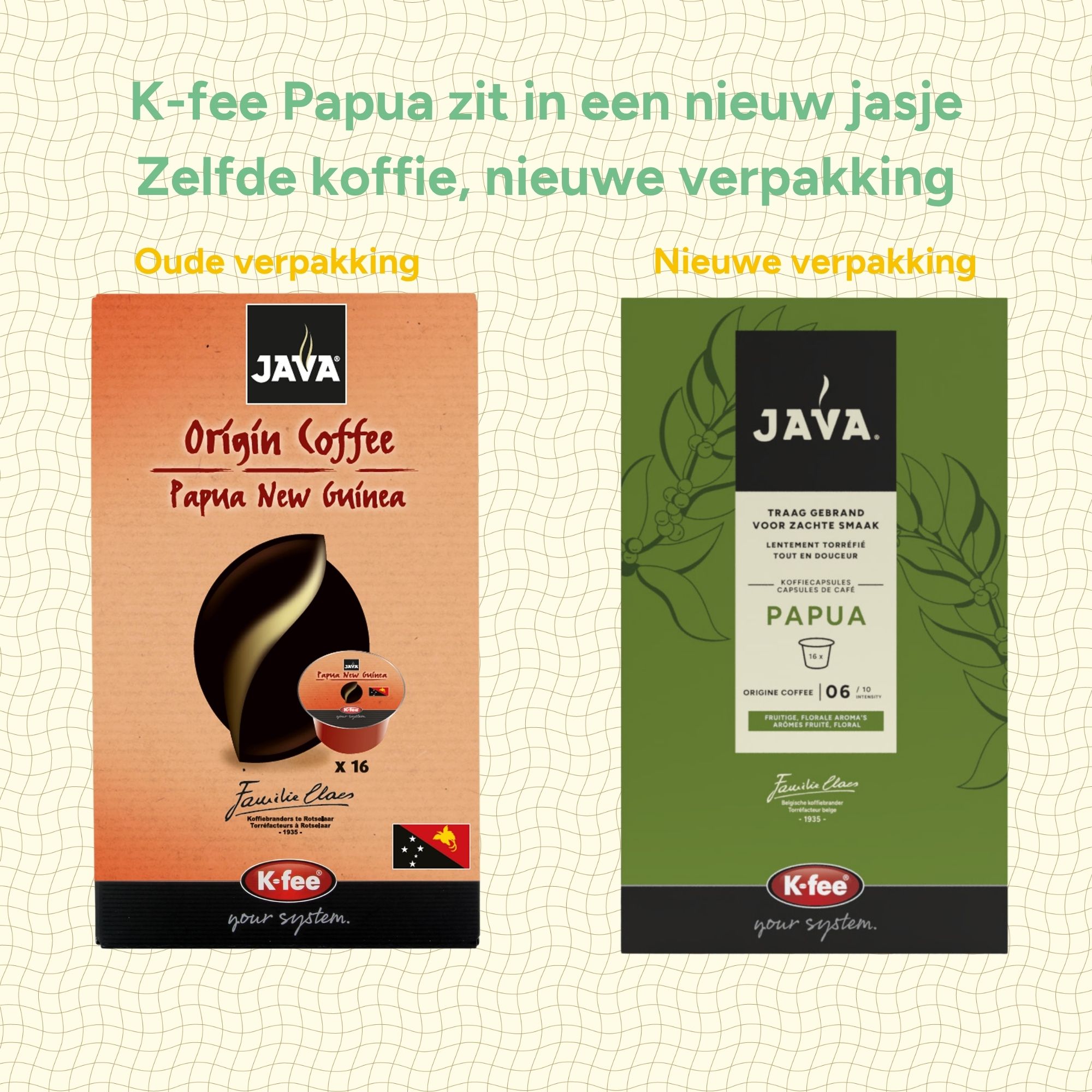 koffie, papua, bonenkapsels, kokosnoot-achtig, groene verpakking