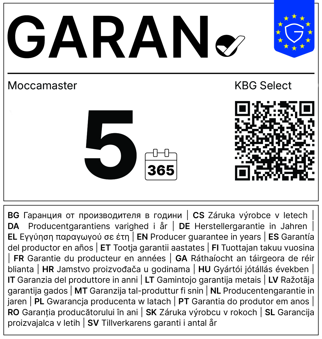 5, 365, moccamaster?, KBG Select, Garantie