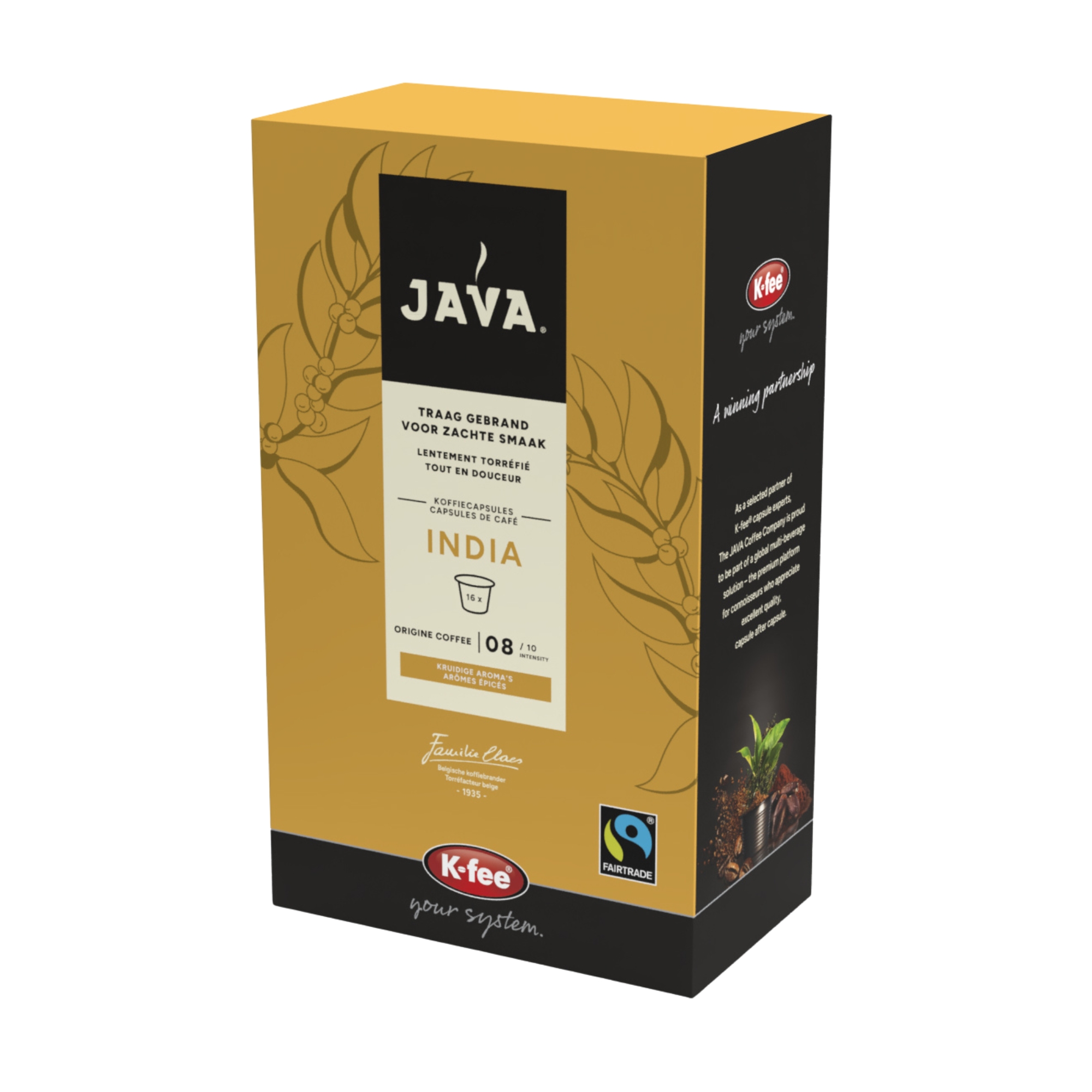 koffiecapsules, java indiacafe, india, Fairtrade, afwerking doos