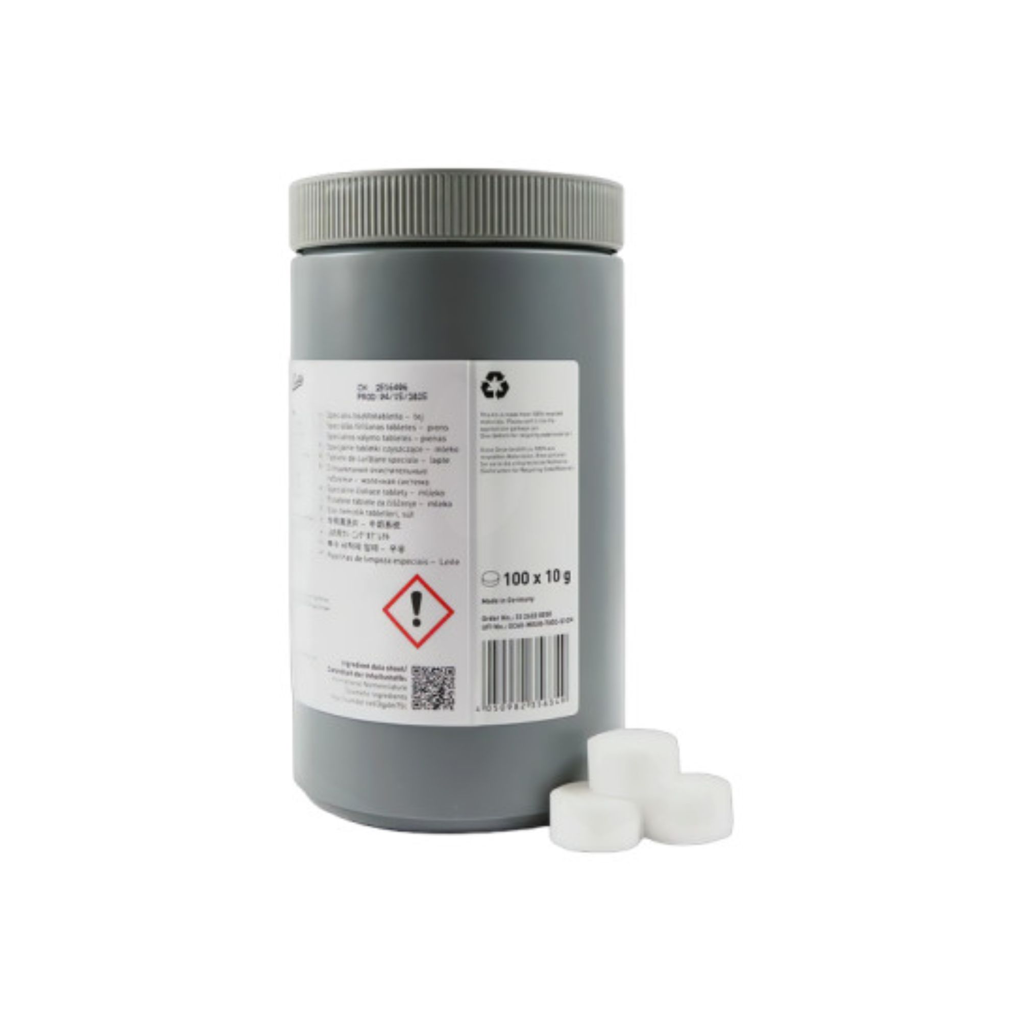 pillen, tabletten, grijs container, reinigingsmiddel, witte tabletjes