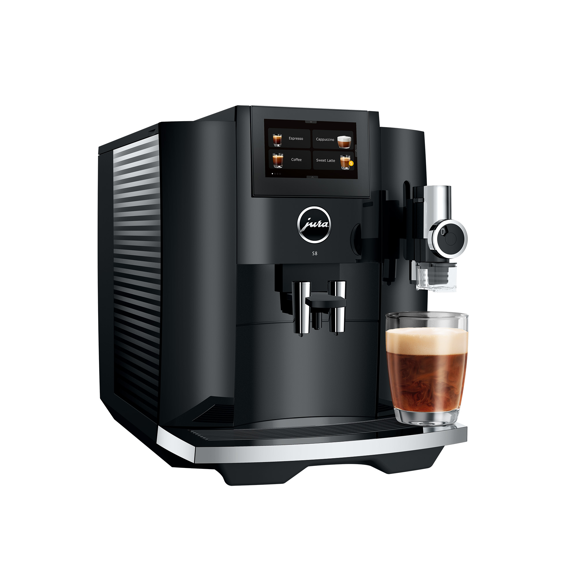 espresso machine, coffee machine, built-in grinder, milk frother, glass of coffee