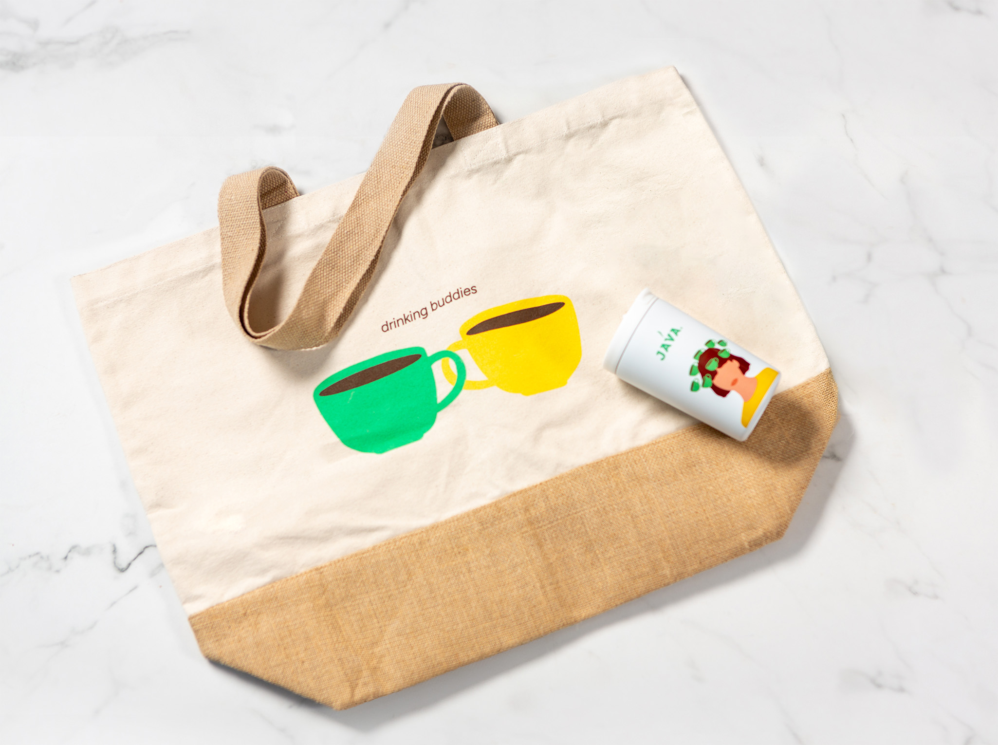 tote bag, canvas bag, coffee mug, groene mok, gele mok