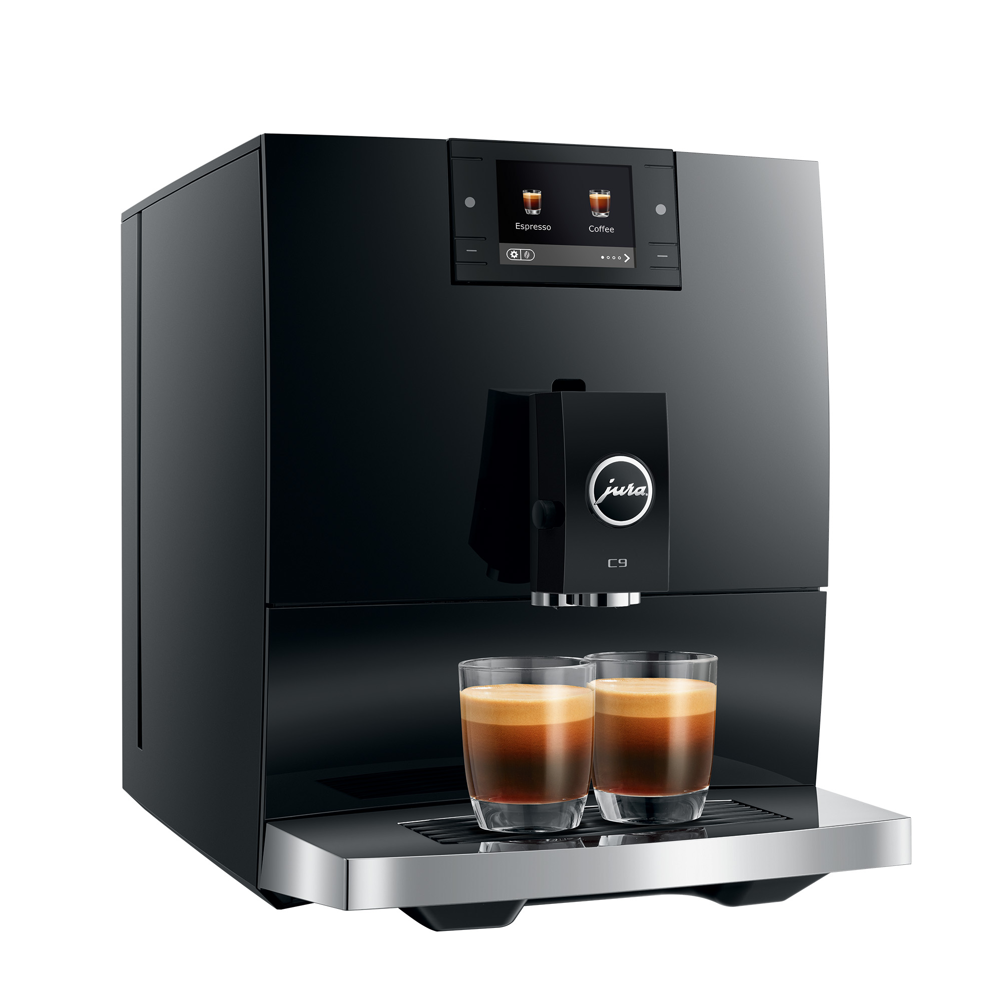 espresso-machine, zwart, koffie, twee-glazen, espresso-shot